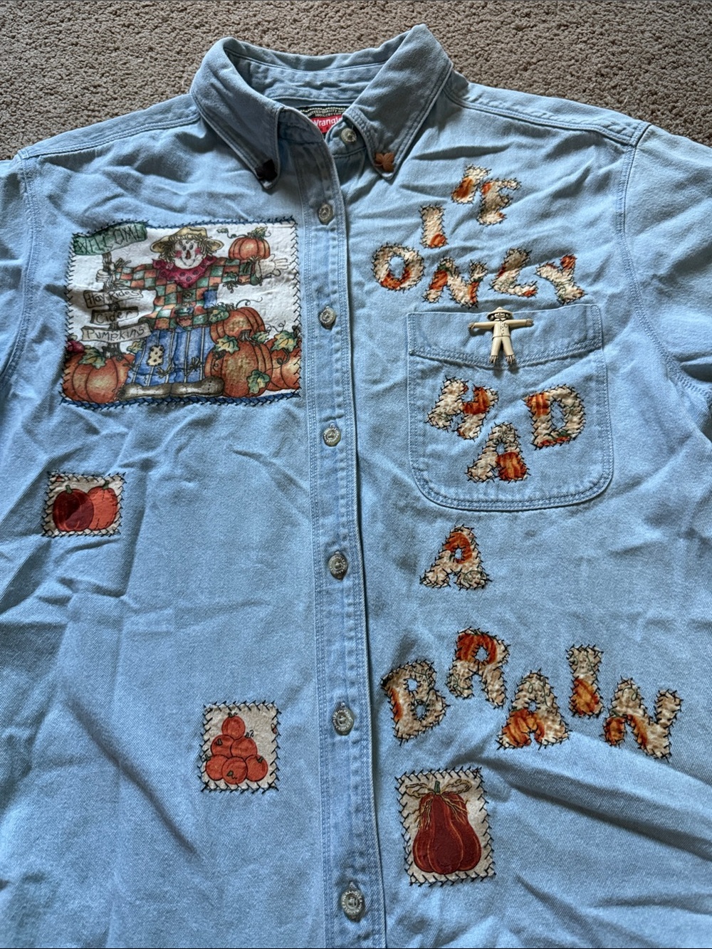 Wrangler Light Blue Denim Button-Down Shirt with Pumpkin Patch Appliqués - Picture 2 of 8